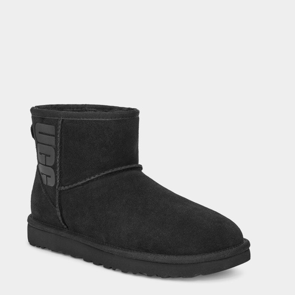 New UGG Black Classic Mini UGG Rubber Logo Boots, Size US 7 - Picture 2 of 11